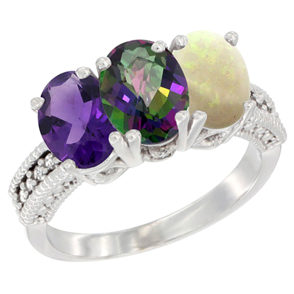 10K White Gold Natural Amethyst, Mystic Topaz &amp; Opal Ring 3-Stone Oval 7x5 mm Diamond Accent, sizes 5 - 10