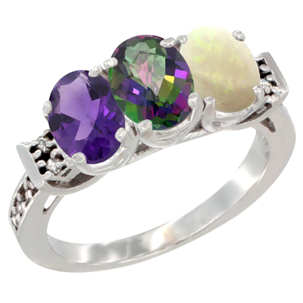 14K White Gold Natural Amethyst, Mystic Topaz &amp; Opal Ring 3-Stone 7x5 mm Oval Diamond Accent, sizes 5 - 10
