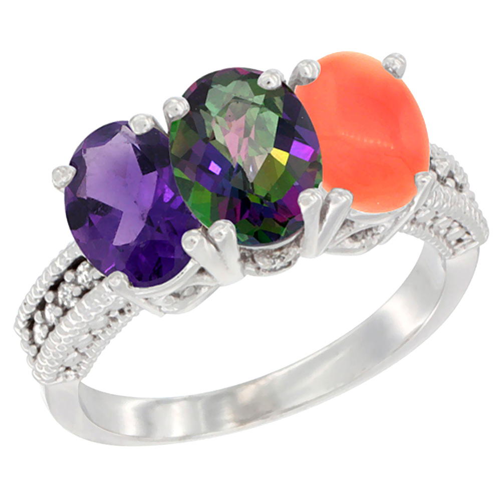 10K White Gold Natural Amethyst, Mystic Topaz &amp; Coral Ring 3-Stone Oval 7x5 mm Diamond Accent, sizes 5 - 10