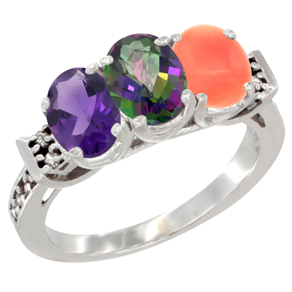 10K White Gold Natural Amethyst, Mystic Topaz &amp; Coral Ring 3-Stone Oval 7x5 mm Diamond Accent, sizes 5 - 10