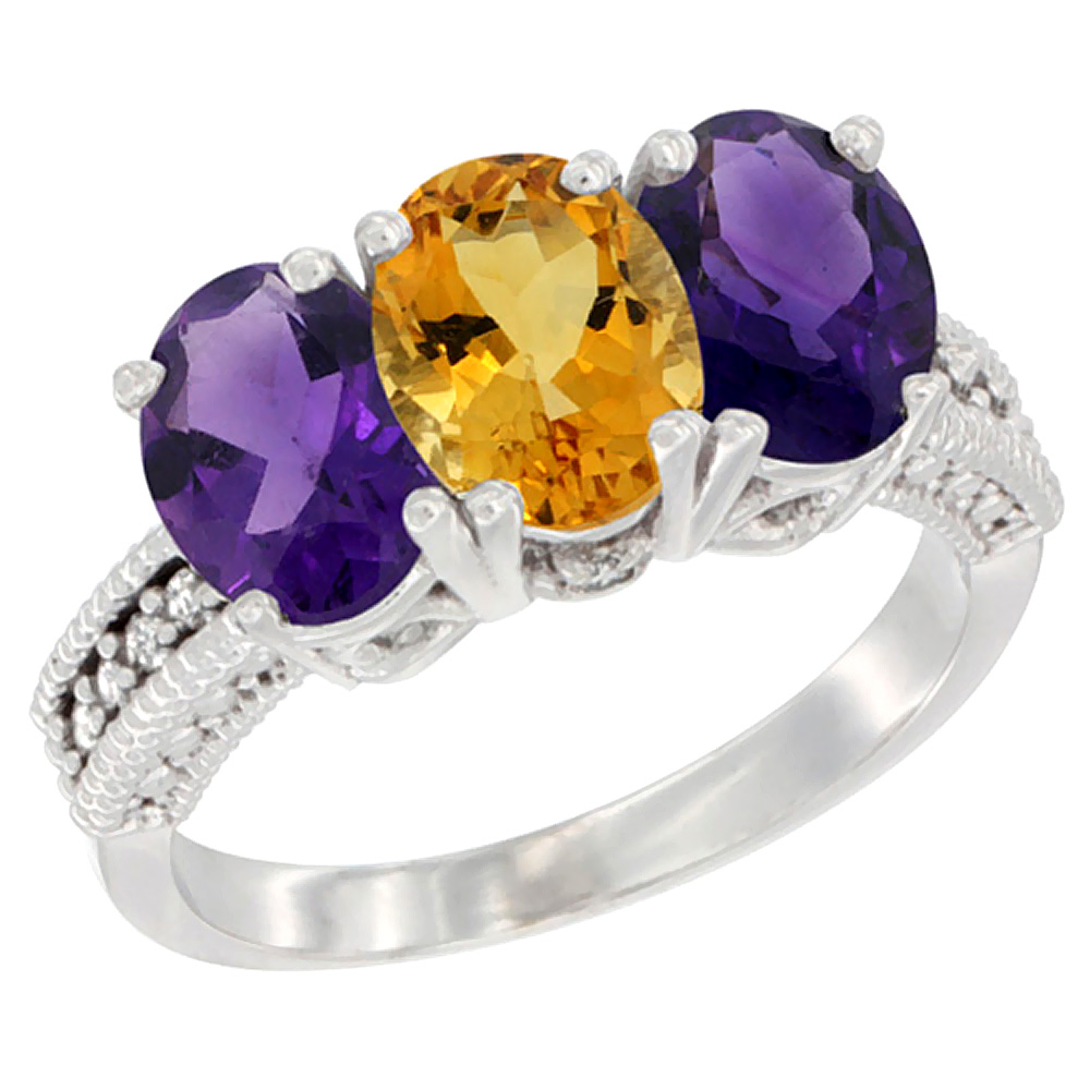 14K White Gold Natural Citrine &amp; Amethyst Ring 3-Stone 7x5 mm Oval Diamond Accent, sizes 5 - 10