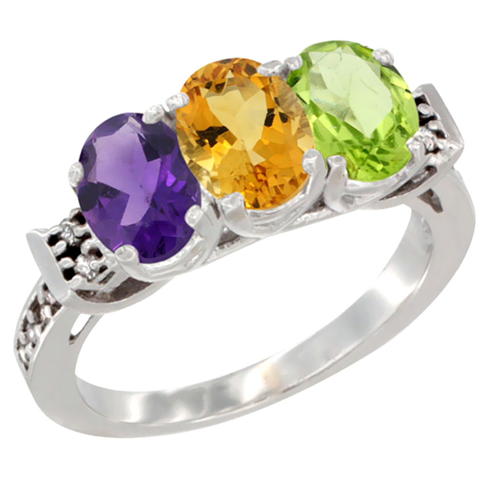 10K White Gold Natural Amethyst, Citrine & Peridot Ring 3-Stone Oval 7x5 mm Diamond Accent, sizes 5 - 10