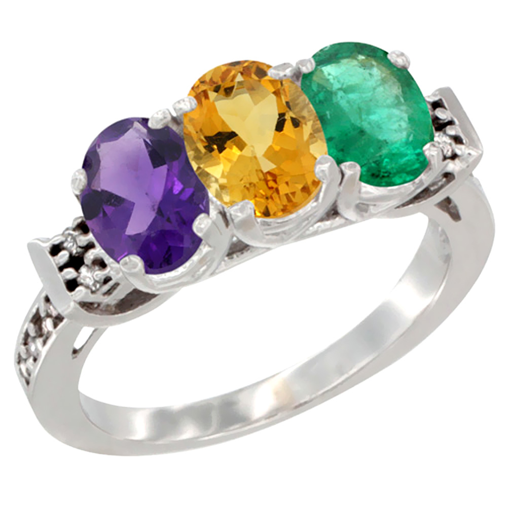 14K White Gold Natural Amethyst, Citrine &amp; Emerald Ring 3-Stone 7x5 mm Oval Diamond Accent, sizes 5 - 10