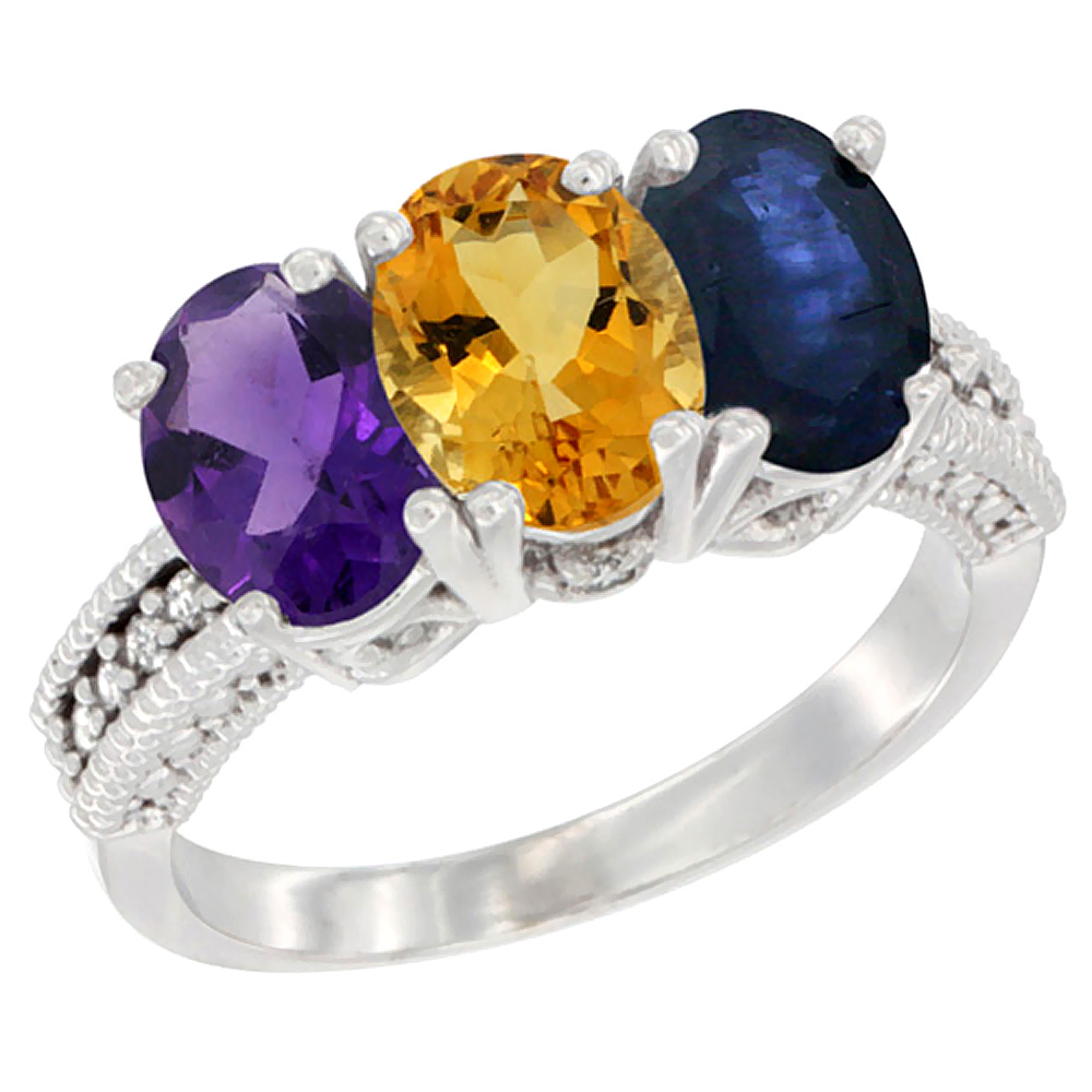 14K White Gold Natural Amethyst, Citrine & Blue Sapphire Ring 3-Stone 7x5 mm Oval Diamond Accent, sizes 5 - 10