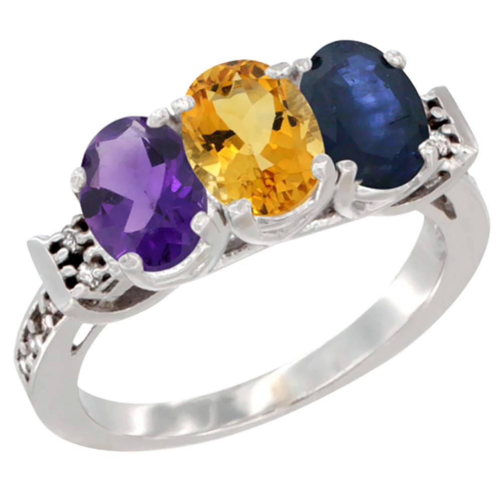 14K White Gold Natural Amethyst, Citrine &amp; Blue Sapphire Ring 3-Stone 7x5 mm Oval Diamond Accent, sizes 5 - 10