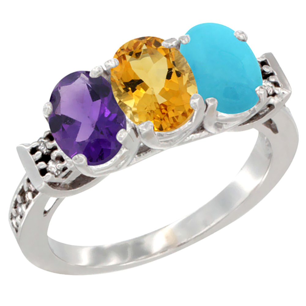 14K White Gold Natural Amethyst, Citrine &amp; Turquoise Ring 3-Stone 7x5 mm Oval Diamond Accent, sizes 5 - 10