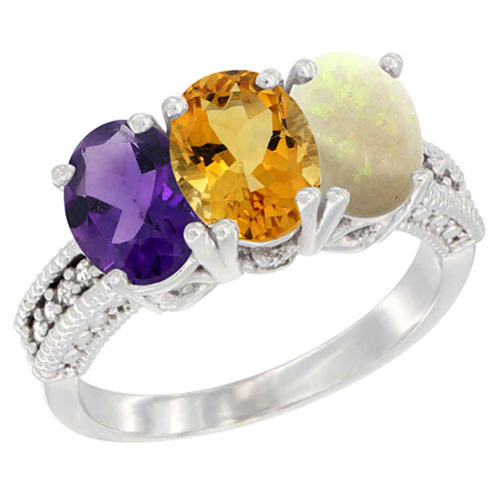 14K White Gold Natural Amethyst, Citrine & Opal Ring 3-Stone 7x5 mm Oval Diamond Accent, sizes 5 - 10