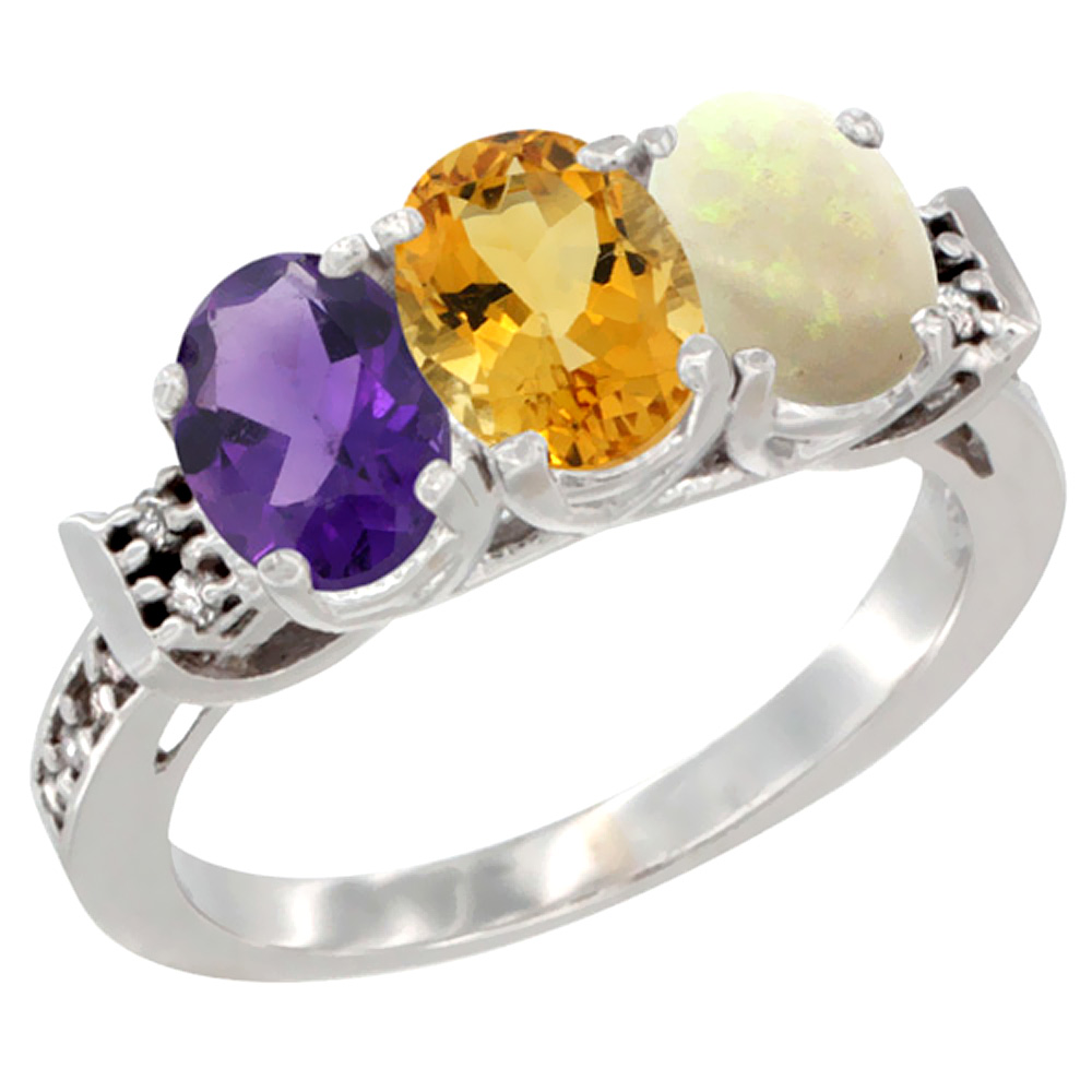 10K White Gold Natural Amethyst, Citrine &amp; Opal Ring 3-Stone Oval 7x5 mm Diamond Accent, sizes 5 - 10
