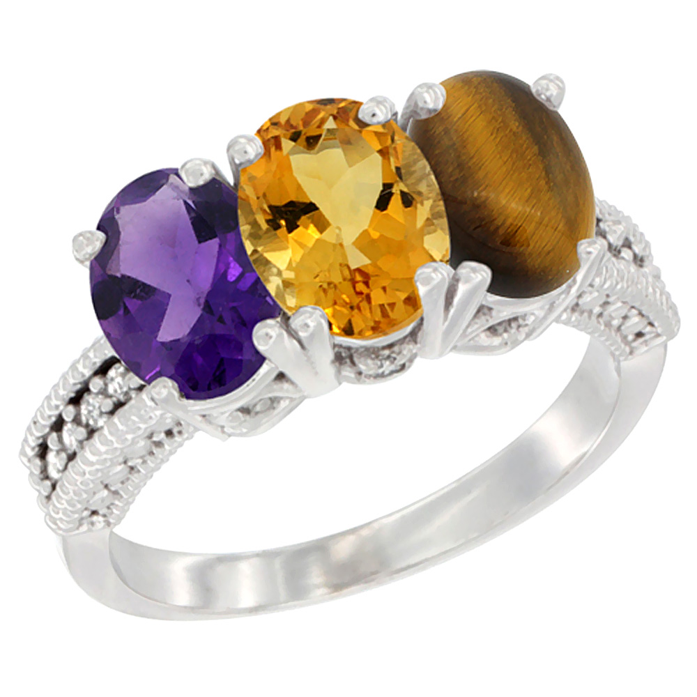 14K White Gold Natural Amethyst, Citrine &amp; Tiger Eye Ring 3-Stone 7x5 mm Oval Diamond Accent, sizes 5 - 10