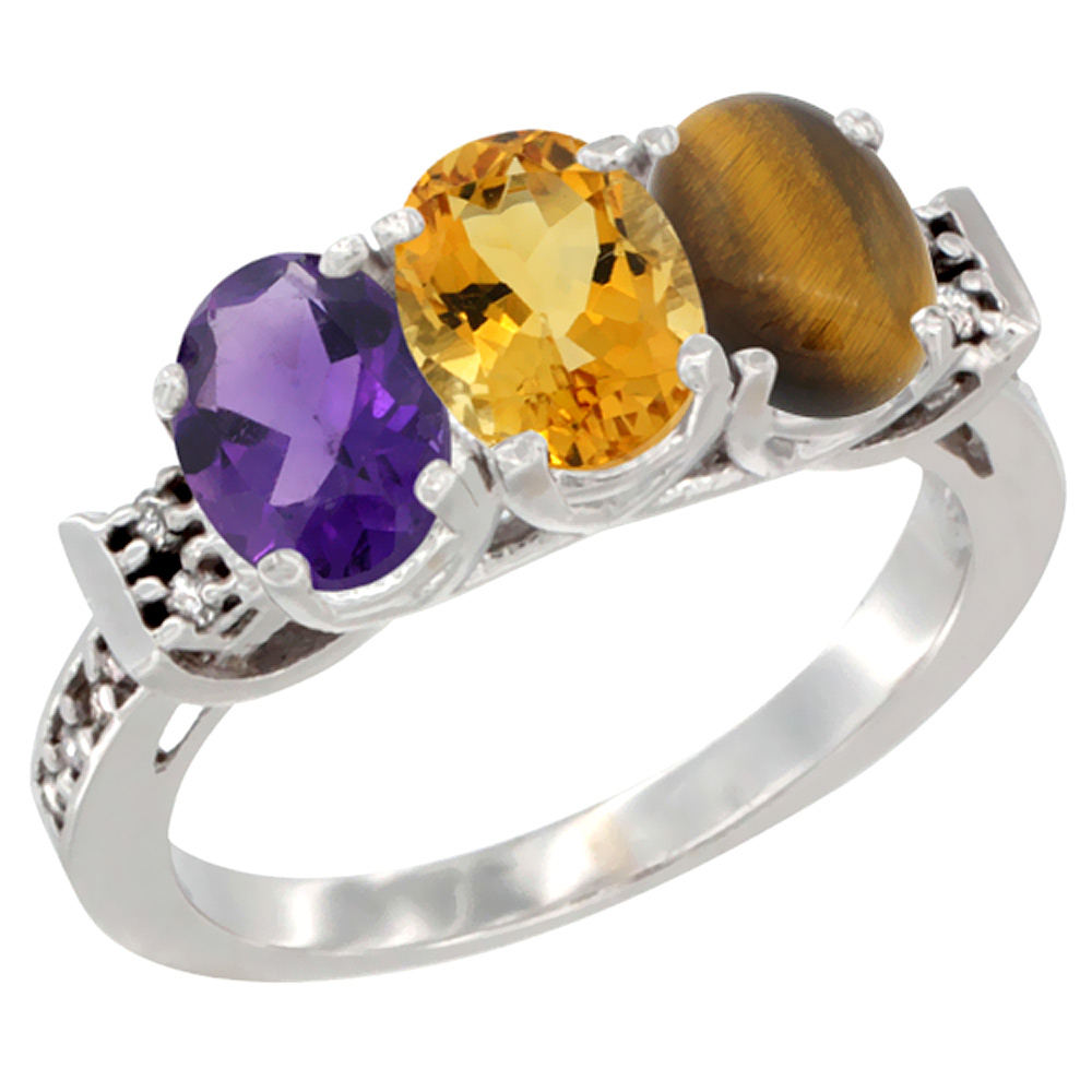 14K White Gold Natural Amethyst, Citrine &amp; Tiger Eye Ring 3-Stone 7x5 mm Oval Diamond Accent, sizes 5 - 10