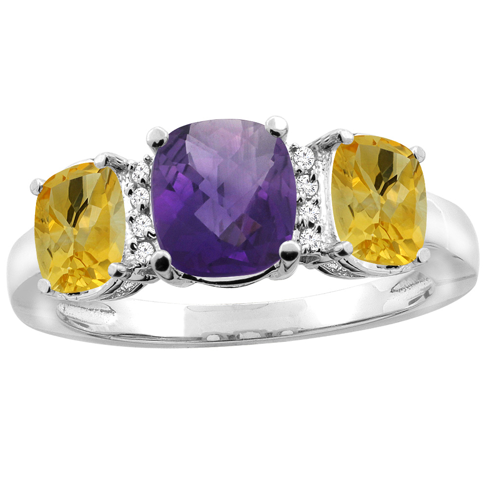 10K Yellow Gold Natural Amethyst & Citrine 3-stone Ring Cushion 8x6mm Diamond Accent, sizes 5 - 10