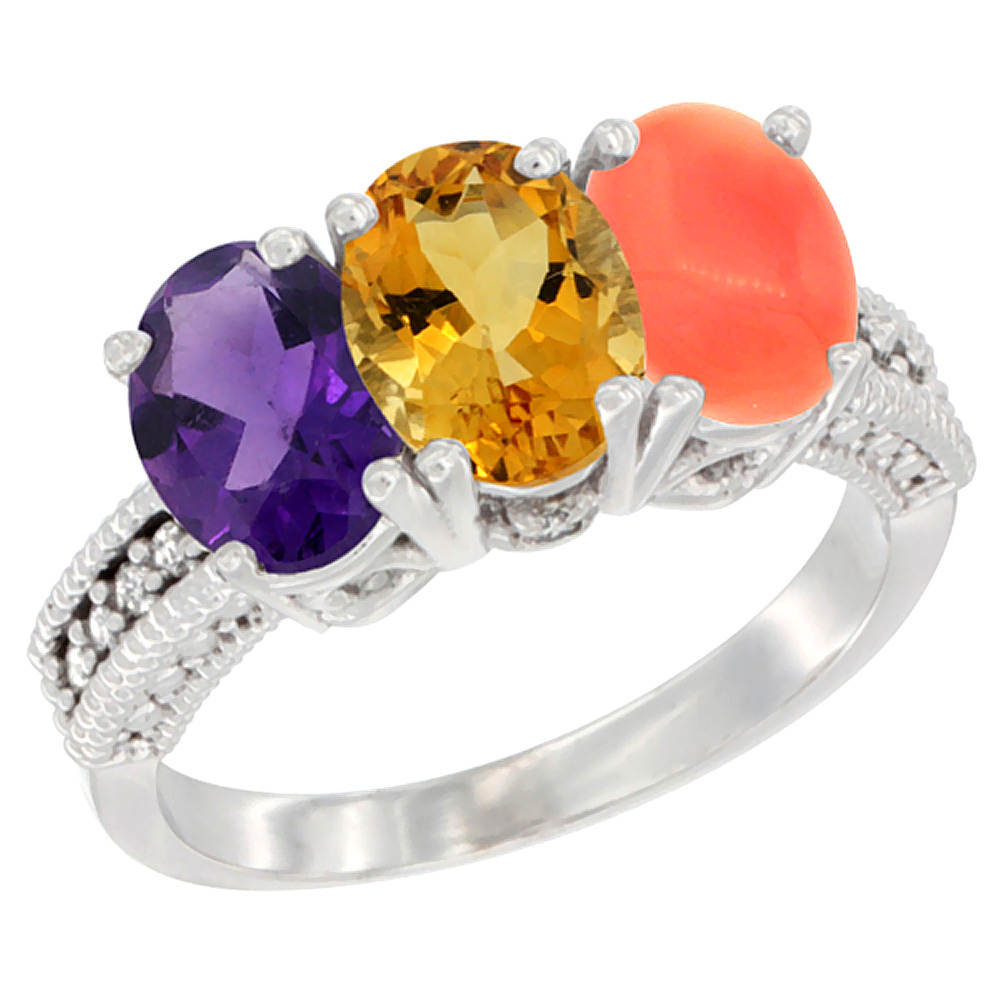 10K White Gold Natural Amethyst, Citrine & Coral Ring 3-Stone Oval 7x5 mm Diamond Accent, sizes 5 - 10