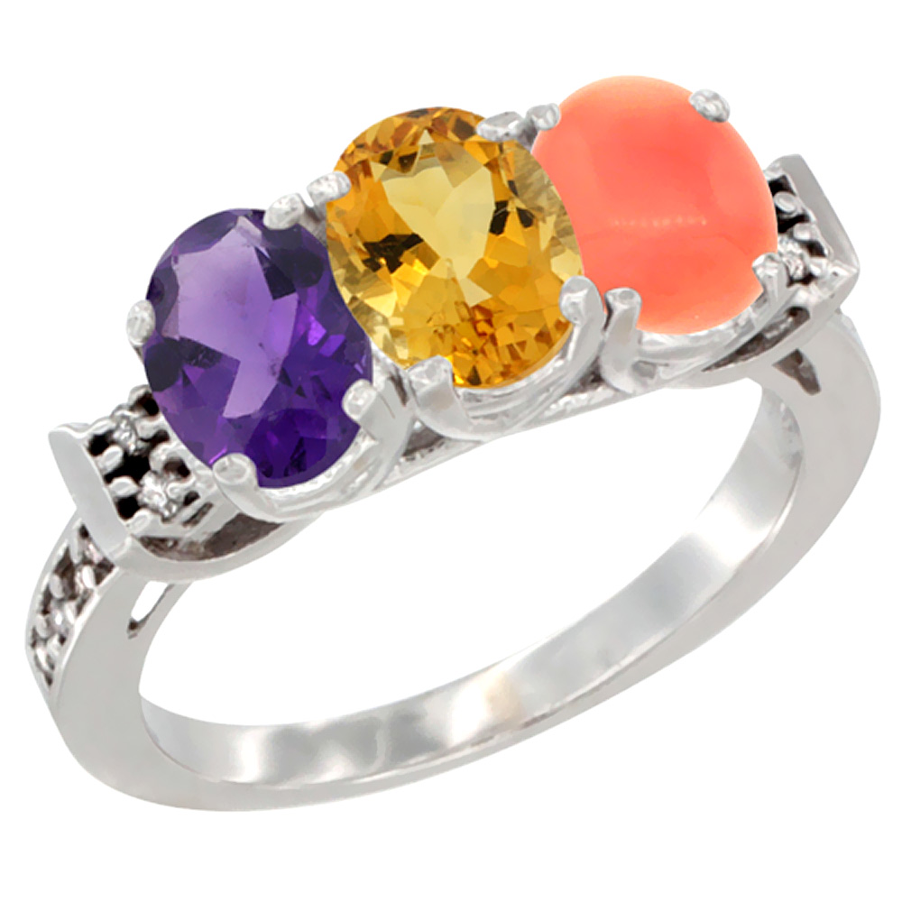 10K White Gold Natural Amethyst, Citrine &amp; Coral Ring 3-Stone Oval 7x5 mm Diamond Accent, sizes 5 - 10