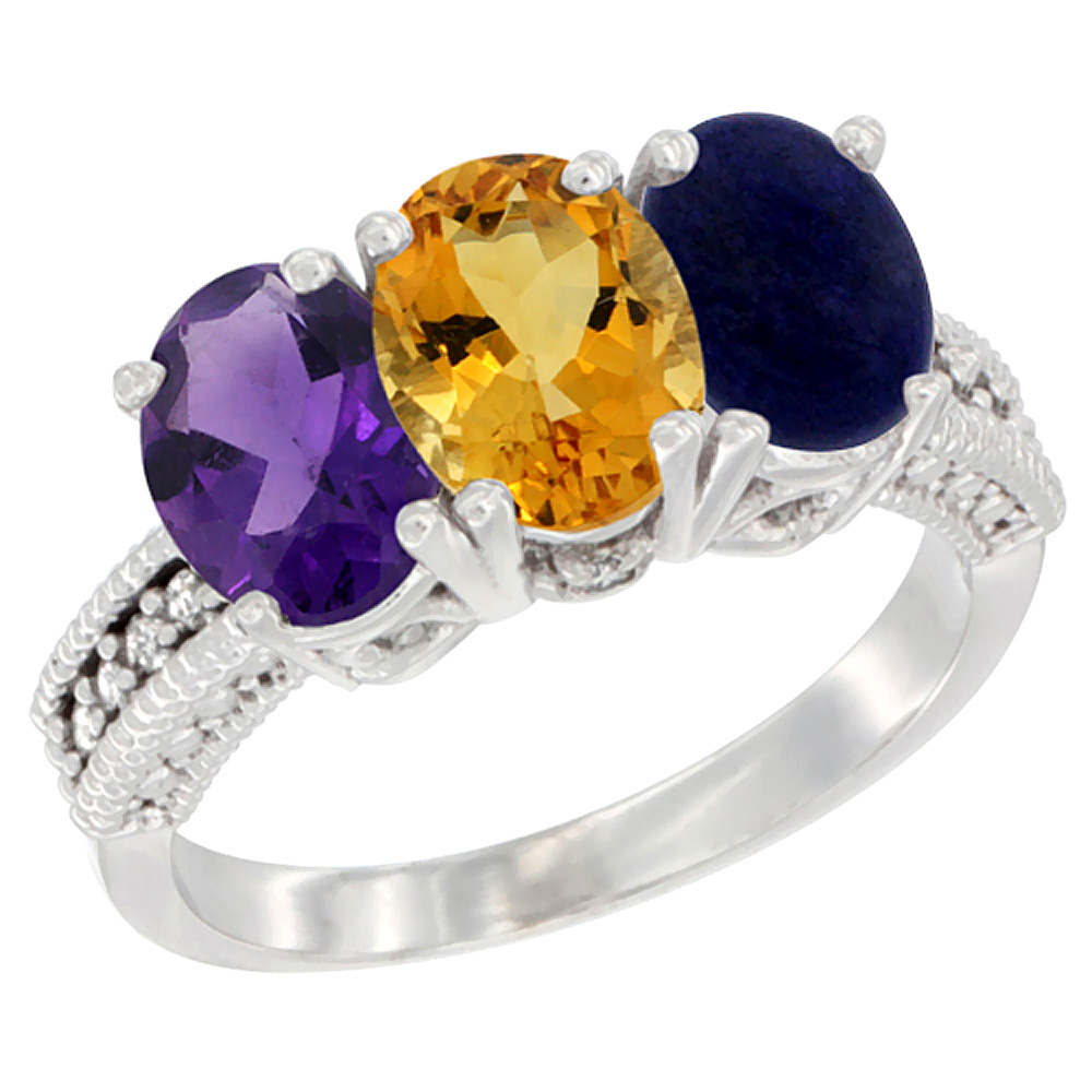 10K White Gold Natural Amethyst, Citrine & Lapis Ring 3-Stone Oval 7x5 mm Diamond Accent, sizes 5 - 10