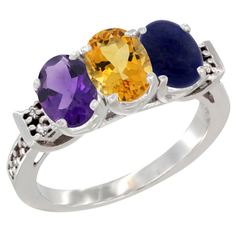 10K White Gold Natural Amethyst, Citrine &amp; Lapis Ring 3-Stone Oval 7x5 mm Diamond Accent, sizes 5 - 10