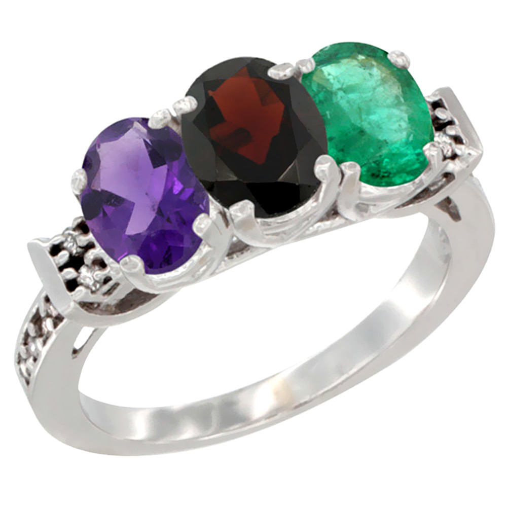 14K White Gold Natural Amethyst, Garnet & Emerald Ring 3-Stone 7x5 mm Oval Diamond Accent, sizes 5 - 10