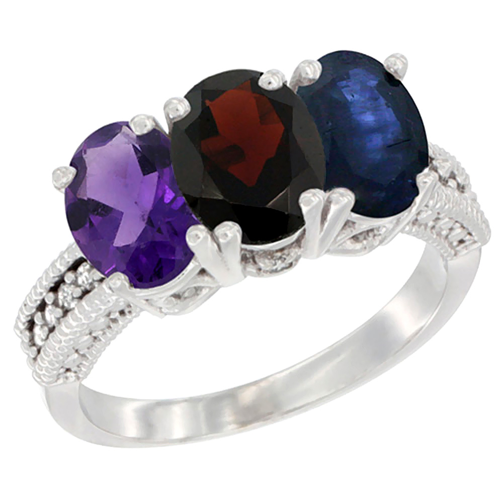 10K White Gold Natural Amethyst, Garnet & Blue Sapphire Ring 3-Stone Oval 7x5 mm Diamond Accent, sizes 5 - 10