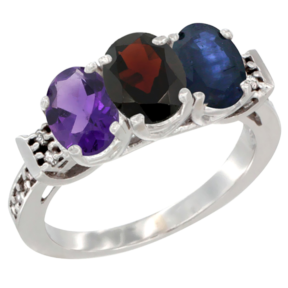10K White Gold Natural Amethyst, Garnet & Blue Sapphire Ring 3-Stone Oval 7x5 mm Diamond Accent, sizes 5 - 10