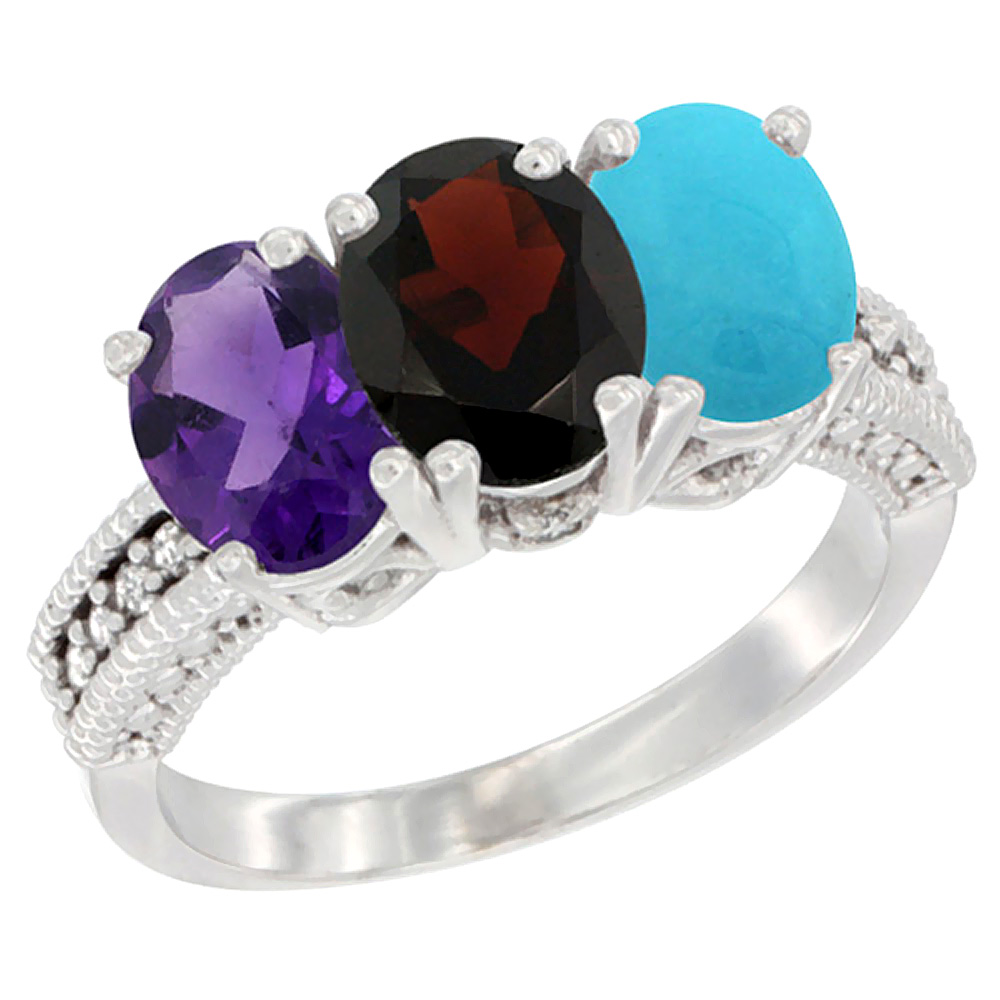 10K White Gold Natural Amethyst, Garnet & Turquoise Ring 3-Stone Oval 7x5 mm Diamond Accent, sizes 5 - 10
