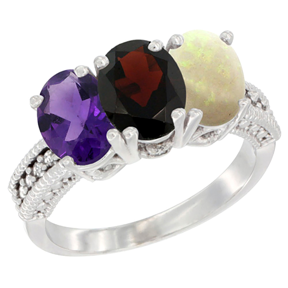 10K White Gold Natural Amethyst, Garnet &amp; Opal Ring 3-Stone Oval 7x5 mm Diamond Accent, sizes 5 - 10