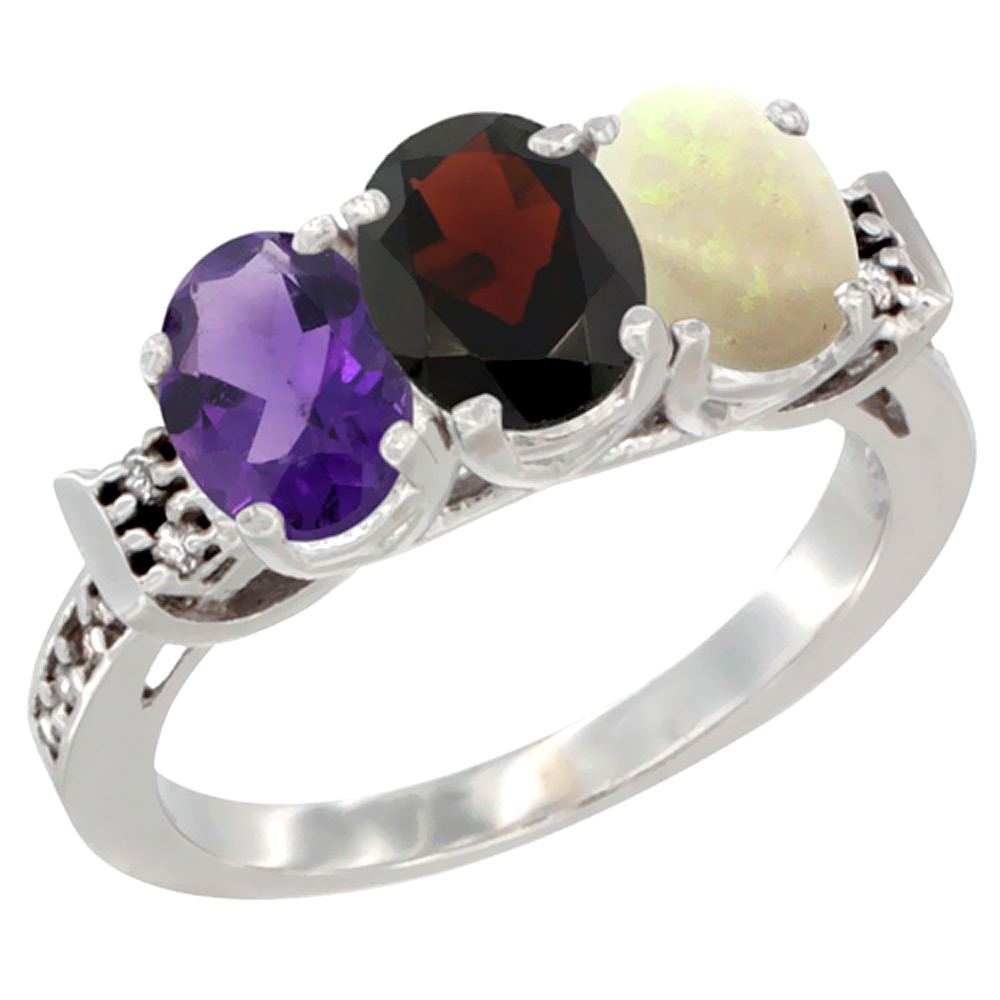 10K White Gold Natural Amethyst, Garnet &amp; Opal Ring 3-Stone Oval 7x5 mm Diamond Accent, sizes 5 - 10