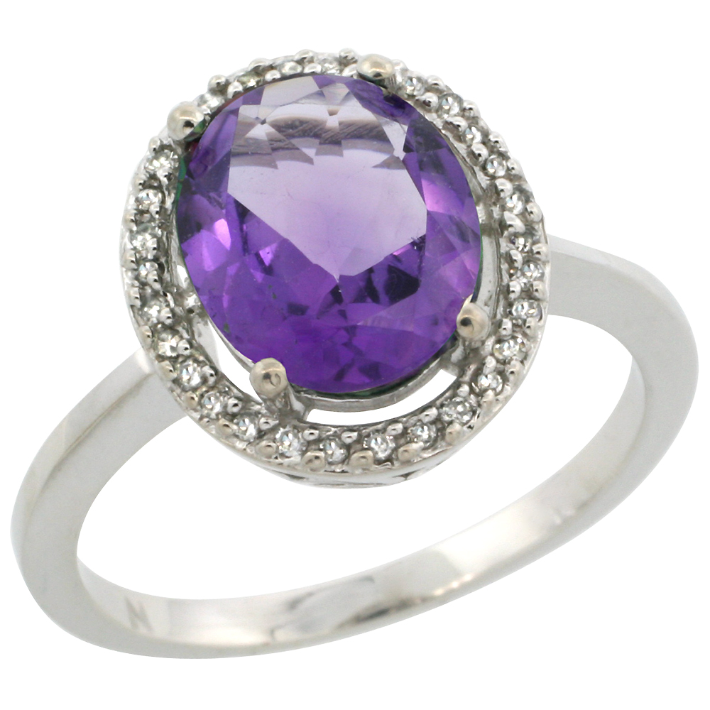 10K White Gold Diamond Halo Natural Amethyst Engagement Ring Oval 10x8 mm, sizes 5-10