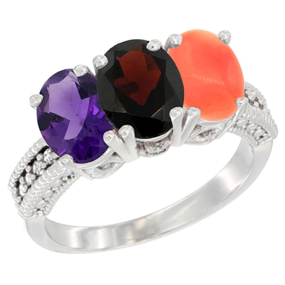 10K White Gold Natural Amethyst, Garnet & Coral Ring 3-Stone Oval 7x5 mm Diamond Accent, sizes 5 - 10