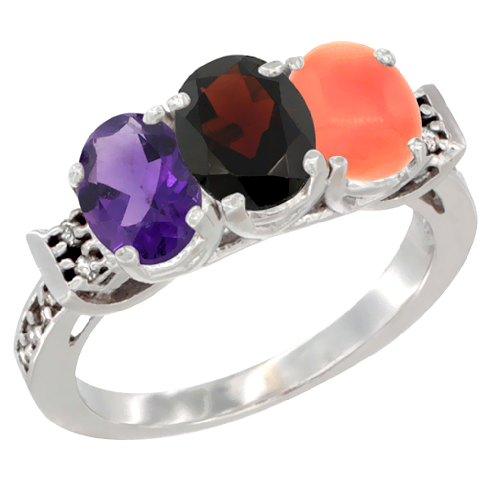 10K White Gold Natural Amethyst, Garnet &amp; Coral Ring 3-Stone Oval 7x5 mm Diamond Accent, sizes 5 - 10