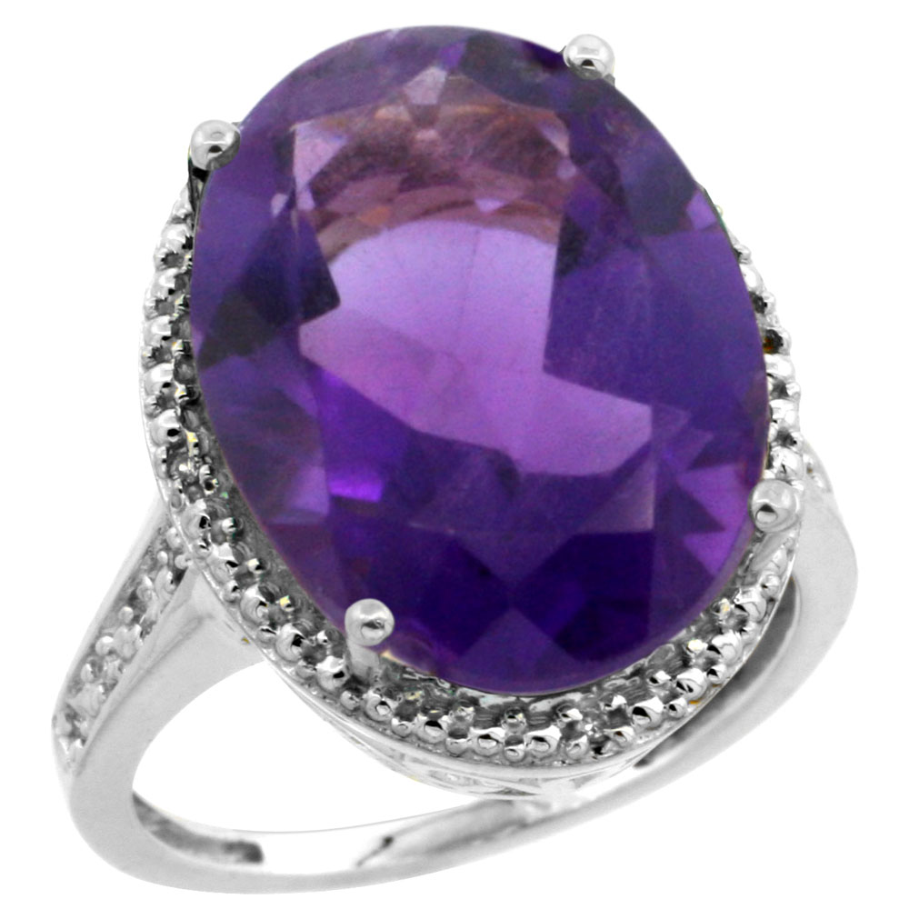 14K White Gold Diamond Natural Amethyst Ring Oval 18x13mm, sizes 5-10