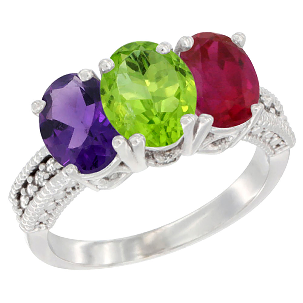 10K White Gold Natural Amethyst, Peridot &amp; Enhanced Ruby Ring 3-Stone Oval 7x5 mm Diamond Accent, sizes 5 - 10