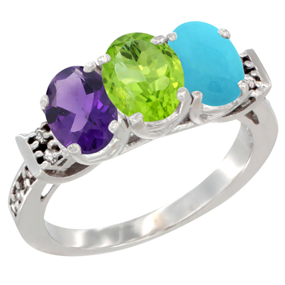 14K White Gold Natural Amethyst, Peridot &amp; Turquoise Ring 3-Stone 7x5 mm Oval Diamond Accent, sizes 5 - 10