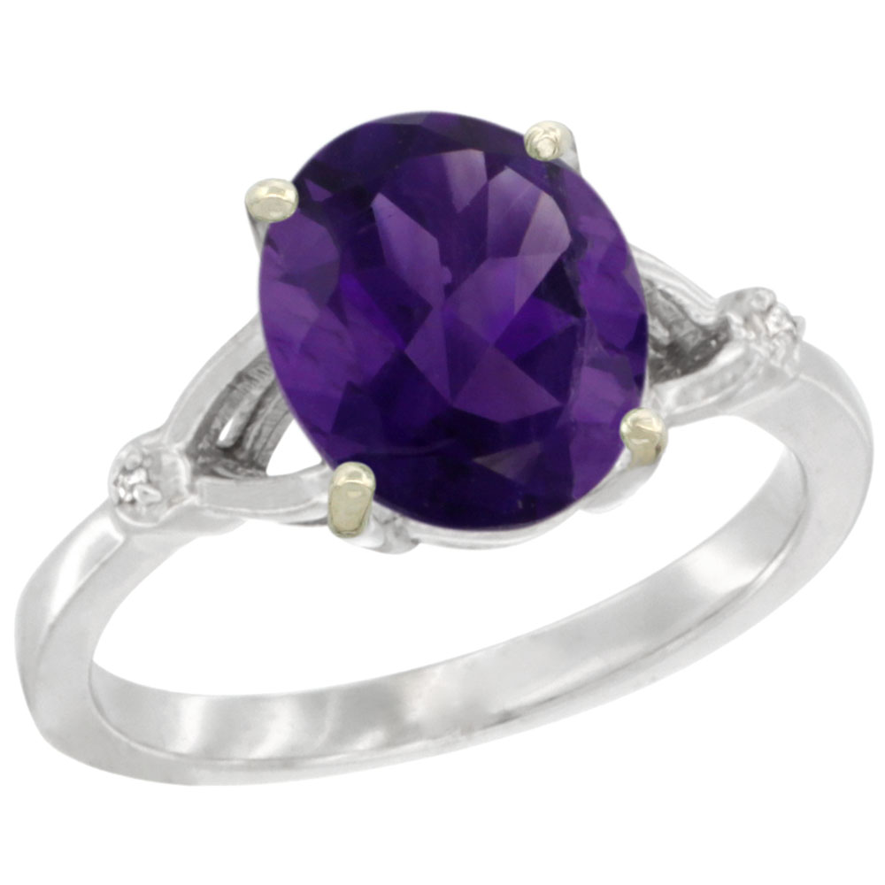 10K WHITE GOLD SIMPLE LARGE 4 PRONG 10X8MM OVAL AMETHYST ENGAGEMENT RING FOR WOMEN 3/8 INCH WIDE SIZES 6-10