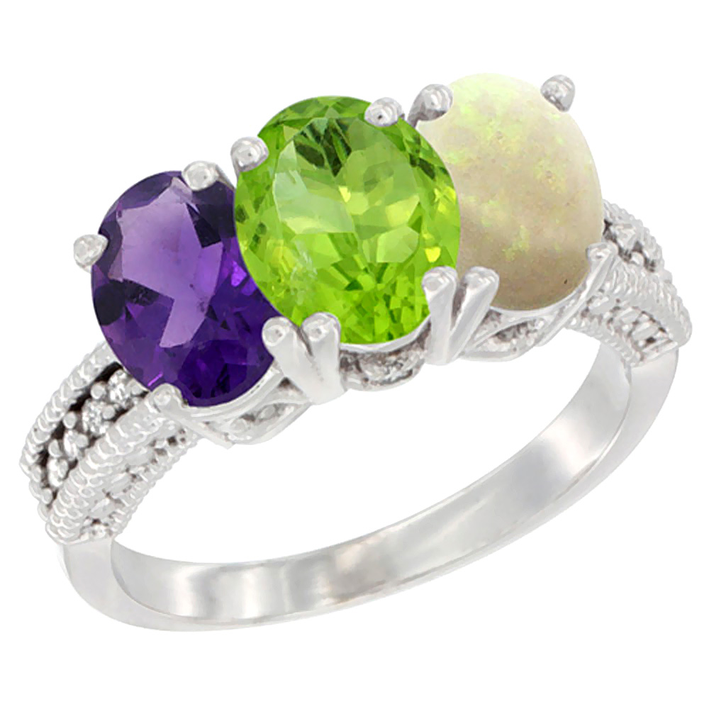 10K White Gold Natural Amethyst, Peridot & Opal Ring 3-Stone Oval 7x5 mm Diamond Accent, sizes 5 - 10