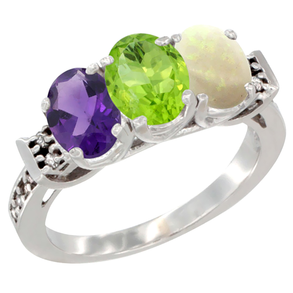 10K White Gold Natural Amethyst, Peridot & Opal Ring 3-Stone Oval 7x5 mm Diamond Accent, sizes 5 - 10