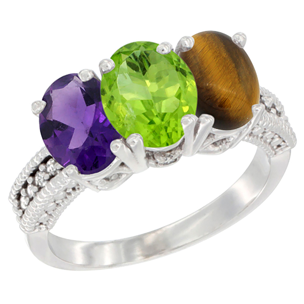 14K White Gold Natural Amethyst, Peridot &amp; Tiger Eye Ring 3-Stone 7x5 mm Oval Diamond Accent, sizes 5 - 10