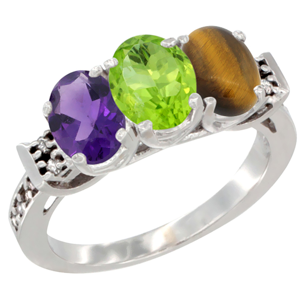 14K White Gold Natural Amethyst, Peridot & Tiger Eye Ring 3-Stone 7x5 mm Oval Diamond Accent, sizes 5 - 10
