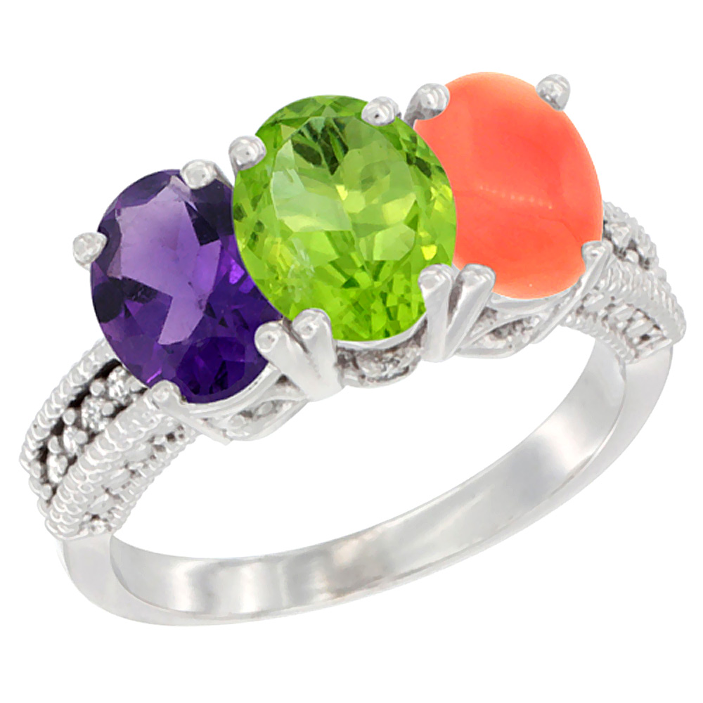 10K White Gold Natural Amethyst, Peridot & Coral Ring 3-Stone Oval 7x5 mm Diamond Accent, sizes 5 - 10