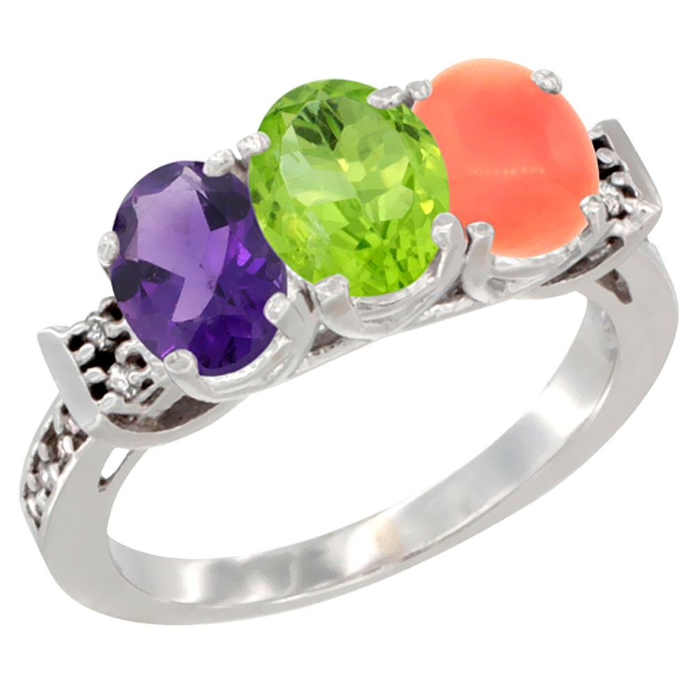 14K White Gold Natural Amethyst, Peridot &amp; Coral Ring 3-Stone 7x5 mm Oval Diamond Accent, sizes 5 - 10