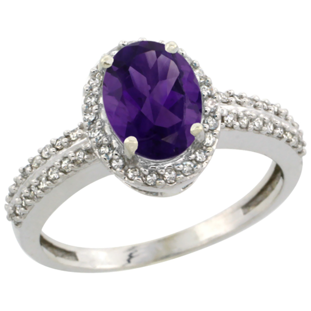 14K White Gold Natural Amethyst Ring Oval 8x6mm Diamond Halo, sizes 5-10