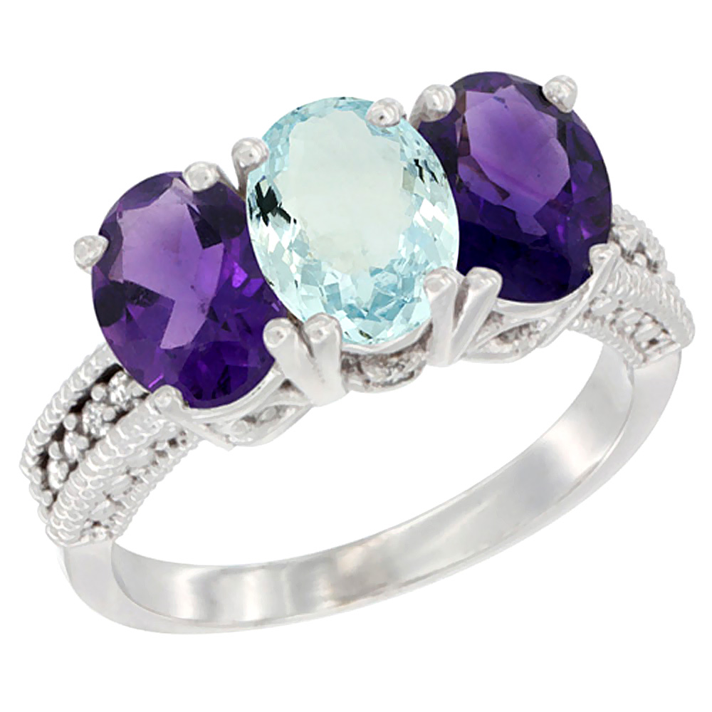 10K White Gold Natural Aquamarine & Amethyst Sides Ring 3-Stone Oval 7x5 mm Diamond Accent, sizes 5 - 10