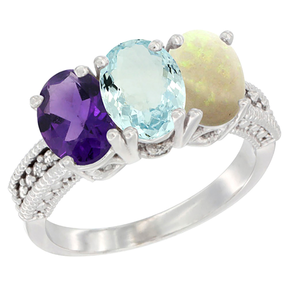 10K White Gold Natural Amethyst, Aquamarine & Opal Ring 3-Stone Oval 7x5 mm Diamond Accent, sizes 5 - 10