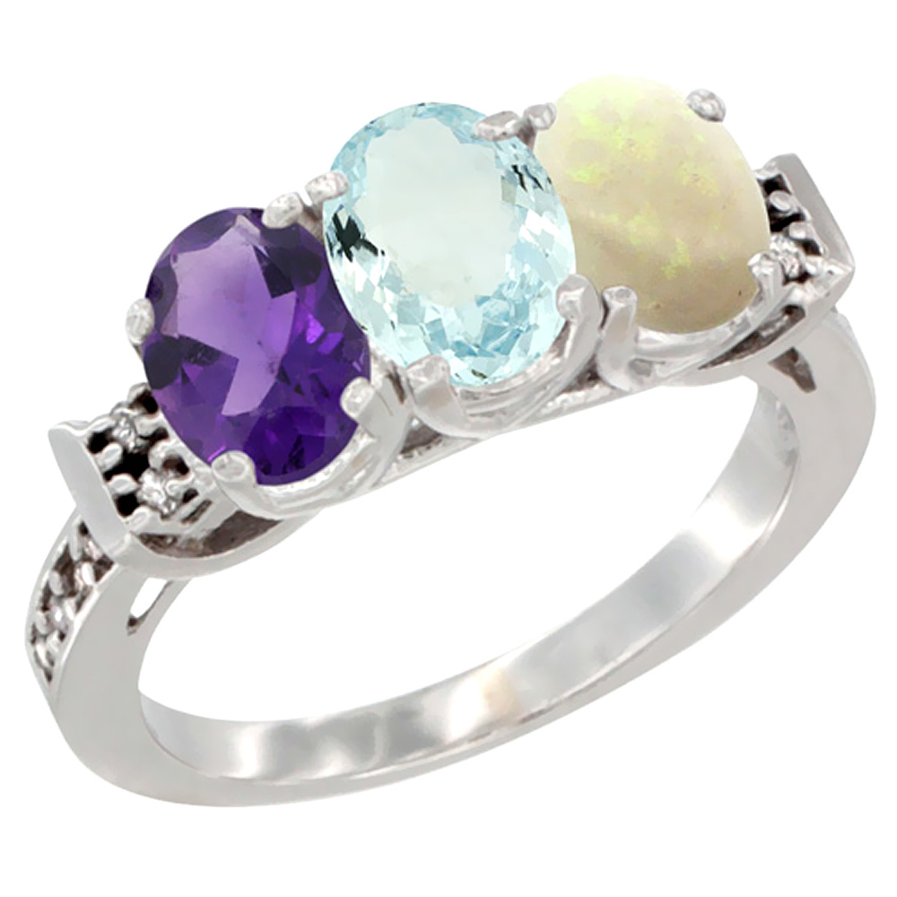 10K White Gold Natural Amethyst, Aquamarine & Opal Ring 3-Stone Oval 7x5 mm Diamond Accent, sizes 5 - 10