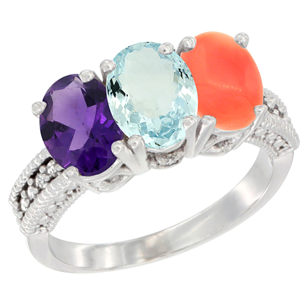 10K White Gold Natural Amethyst, Aquamarine & Coral Ring 3-Stone Oval 7x5 mm Diamond Accent, sizes 5 - 10