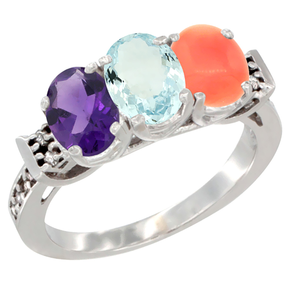 14K White Gold Natural Amethyst, Aquamarine & Coral Ring 3-Stone 7x5 mm Oval Diamond Accent, sizes 5 - 10