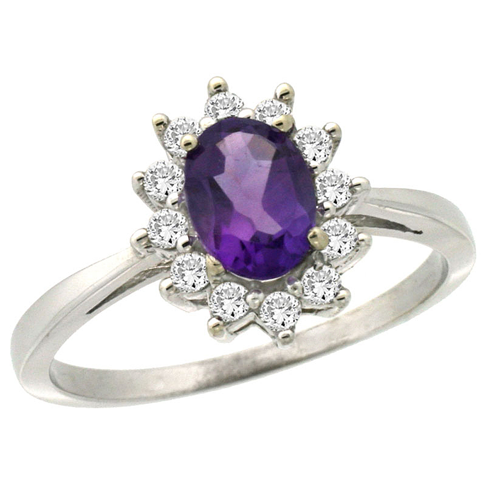 14K White Gold Natural Amethyst Engagement Ring Oval 7x5mm Diamond Halo, sizes 5-10