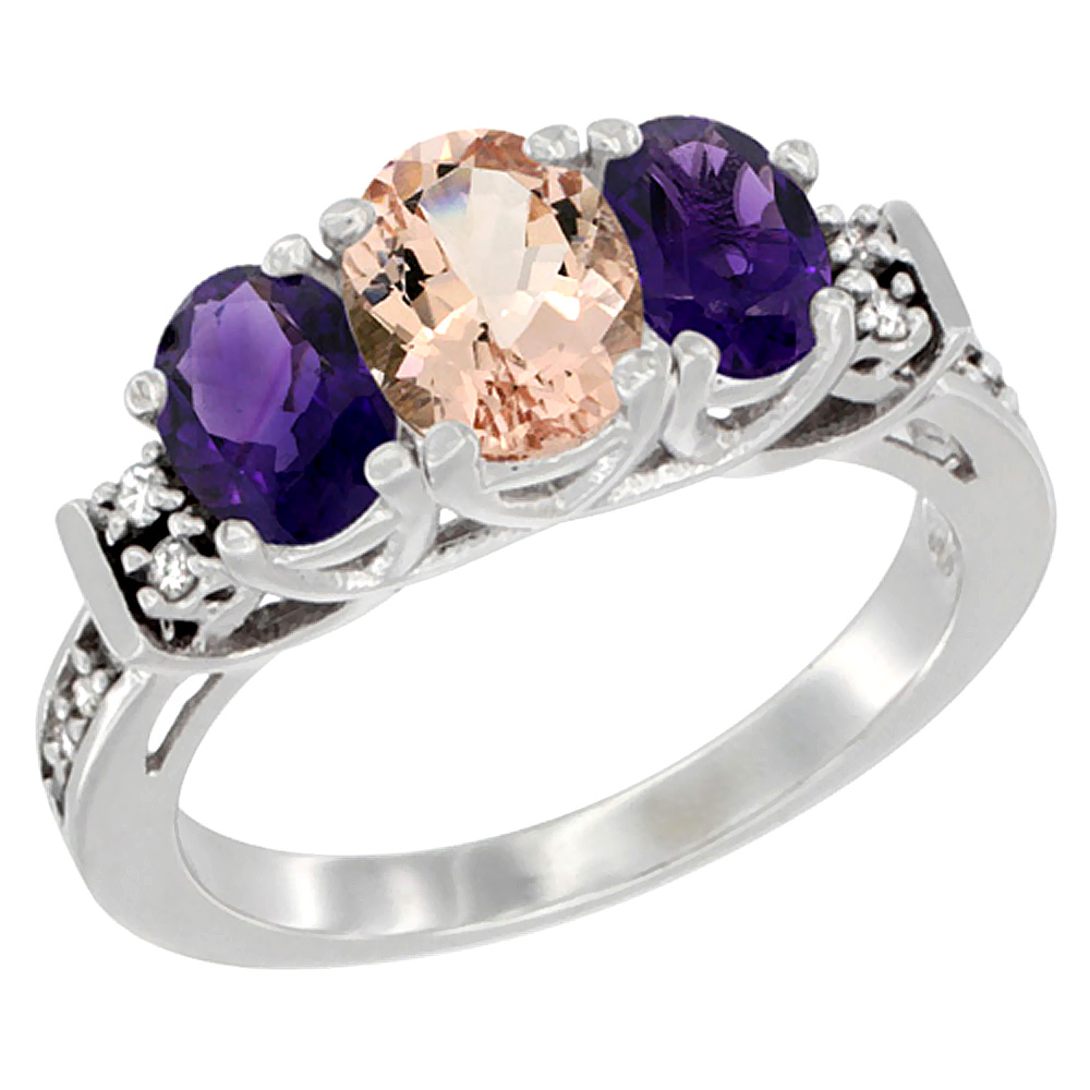 14K White Gold Natural Morganite & Amethyst Ring 3-Stone Oval Diamond Accent, sizes 5-10