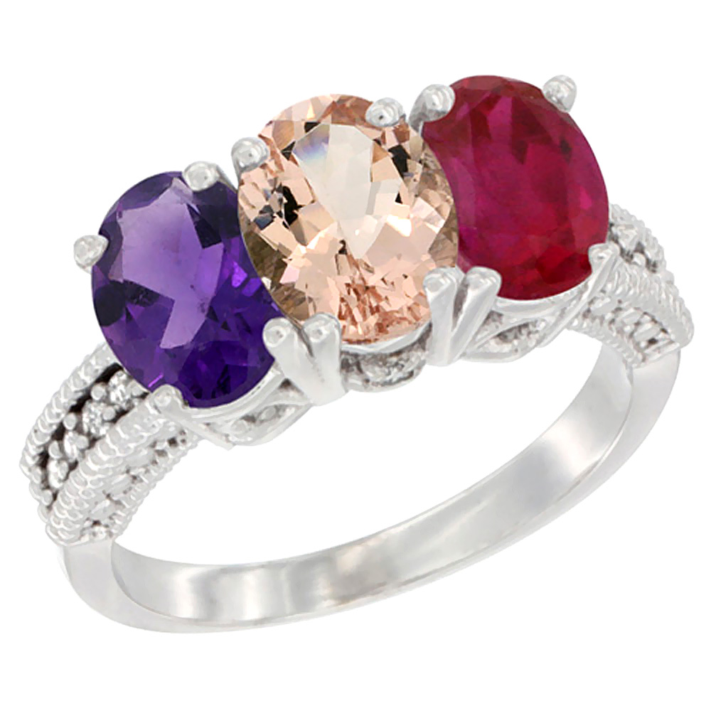 10K White Gold Natural Amethyst, Morganite & Enhanced Ruby Ring 3-Stone Oval 7x5 mm Diamond Accent, sizes 5 - 10