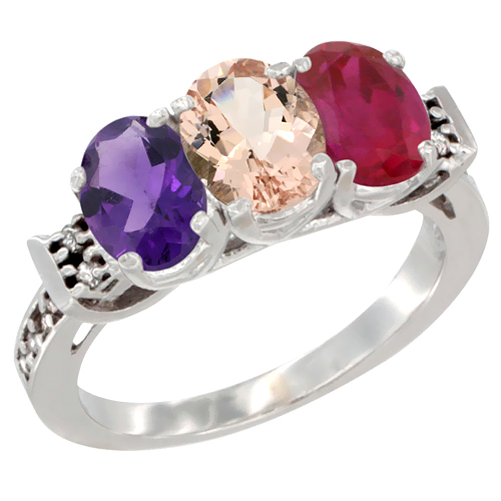 14K White Gold Natural Amethyst, Morganite & Enhanced Ruby Ring 3-Stone 7x5 mm Oval Diamond Accent, sizes 5 - 10
