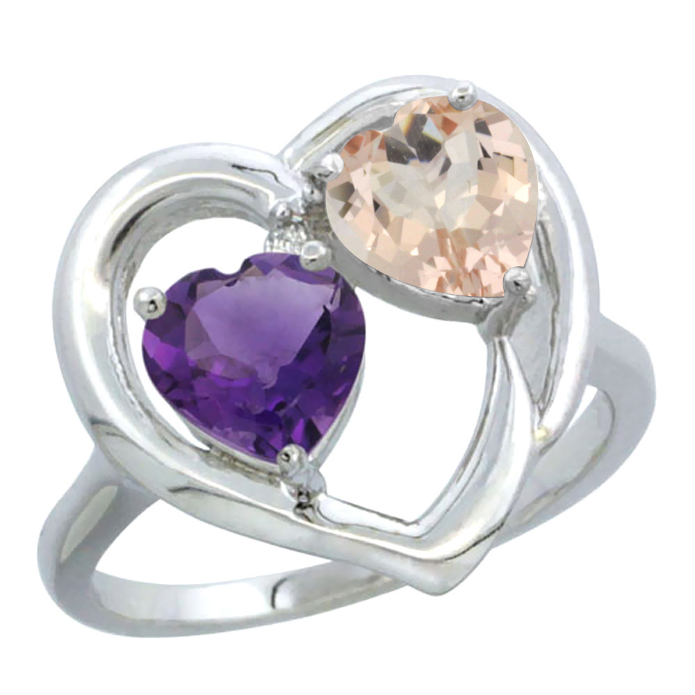 14K White Gold Diamond Two-stone Heart Ring 6mm Natural Amethyst & Morganite, sizes 5-10