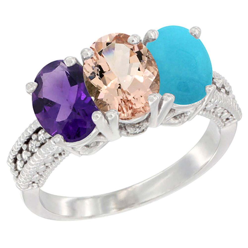 10K White Gold Natural Amethyst, Morganite & Turquoise Ring 3-Stone Oval 7x5 mm Diamond Accent, sizes 5 - 10